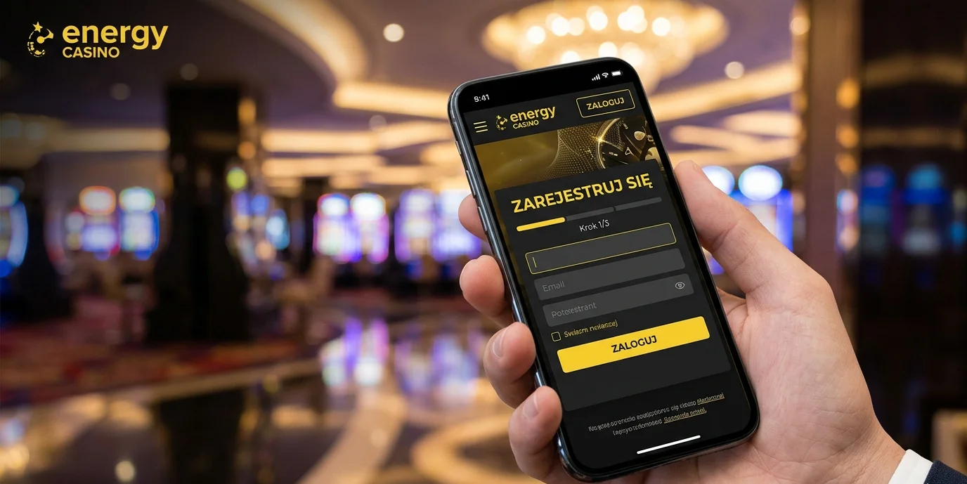 Mobilny formularz rejestracji w Energy casino — pole e-mail, hasło, waluta